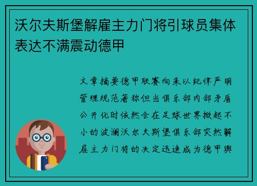沃尔夫斯堡解雇主力门将引球员集体表达不满震动德甲