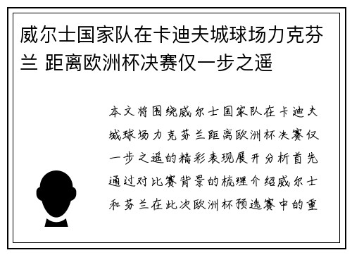 威尔士国家队在卡迪夫城球场力克芬兰 距离欧洲杯决赛仅一步之遥 威尔士国家队在卡迪夫城球场力克芬兰 距离欧洲杯决赛仅一步之遥