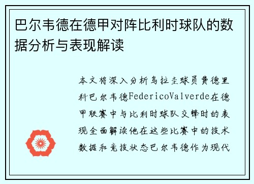 巴尔韦德在德甲对阵比利时球队的数据分析与表现解读